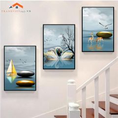 Bộ Tranh Treo Tường Cầu Thang Hiện Đại Cây Vàng Hươu và Phụ Nữ Sang Trọng