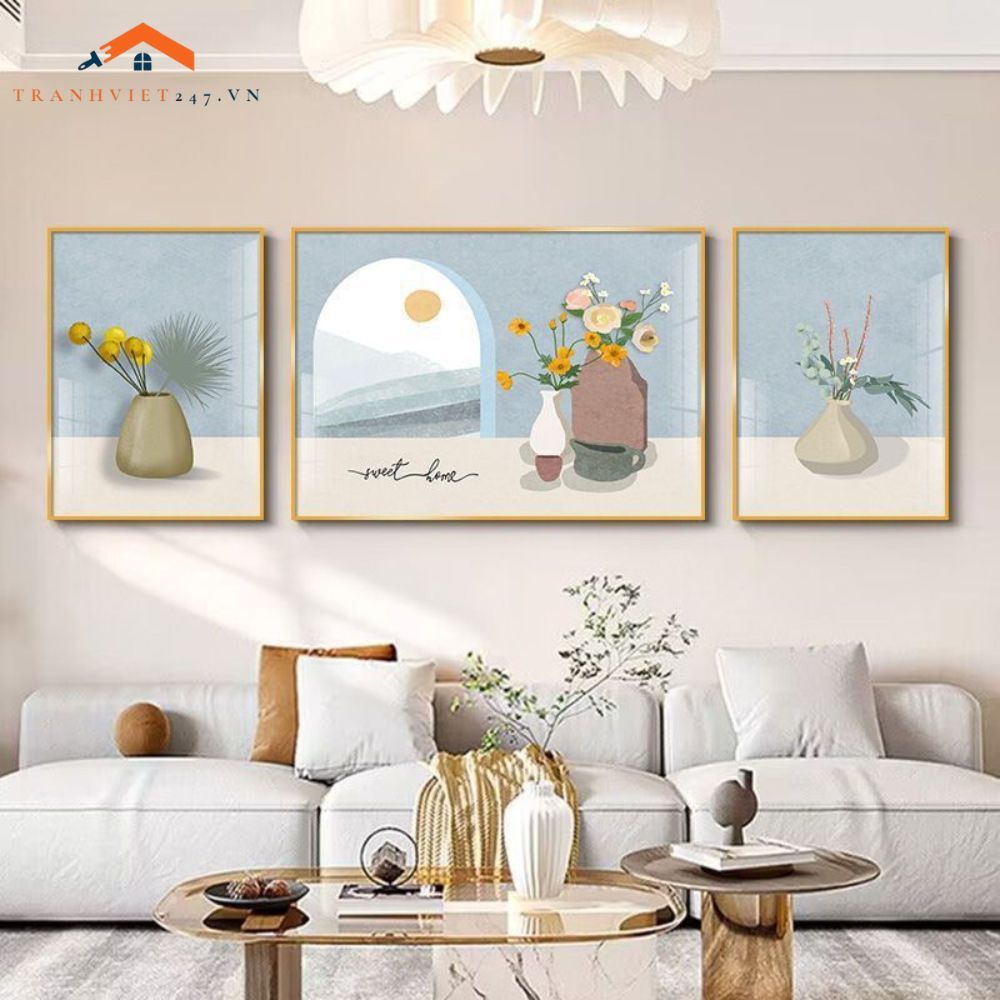 Tranh Treo Tường Phong Cảnh Biển Và Khinh Khí Cầu - Bộ 3 Tấm Phong Cách Lãng Mạn Hiện Đại