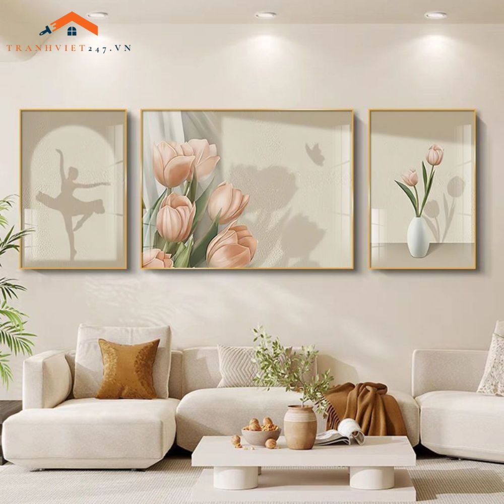 Tranh Treo Tường Phong Cảnh Biển Và Khinh Khí Cầu - Bộ 3 Tấm Phong Cách Lãng Mạn Hiện Đại