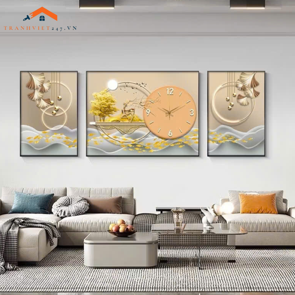 Set Tranh Treo Tường và Đồng Hồ Hươu Vàng 3D Cách Điệu  Sang Trọng -Trang Trí Phòng Khách Decor Nhà