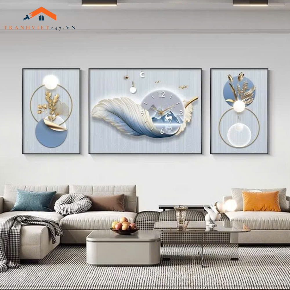 Set Tranh Treo Tường và Đồng Hồ Hươu Vàng 3D Cách Điệu  Sang Trọng -Trang Trí Phòng Khách Decor Nhà