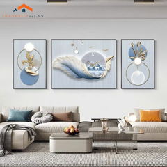 Set Tranh Treo Tường và Đồng Hồ Hươu Vàng 3D Cách Điệu  Sang Trọng -Trang Trí Phòng Khách Decor Nhà