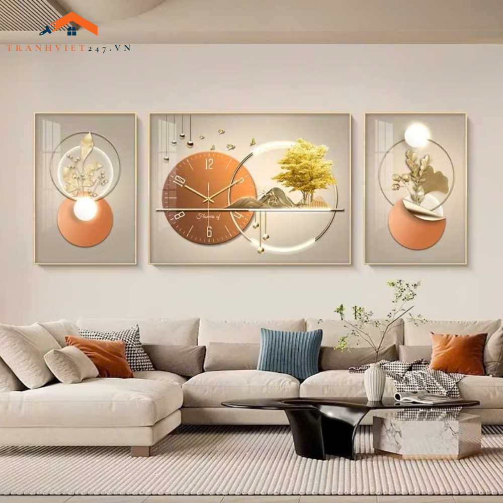 Set Tranh Treo Tường và Đồng Hồ Hươu Vàng 3D Cách Điệu  Sang Trọng -Trang Trí Phòng Khách Decor Nhà