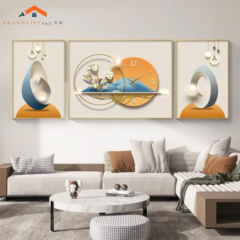 Set Tranh Treo Tường và Đồng Hồ Hươu Vàng 3D Cách Điệu  Sang Trọng -Trang Trí Phòng Khách Decor Nhà