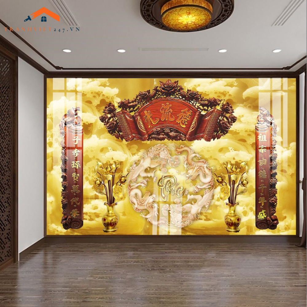 Tranh Tráng Gương 3D Phòng Thờ Gia Tiên Phúc Lộc Thọ - Tài Lộc, May Mắn, Sung Túc