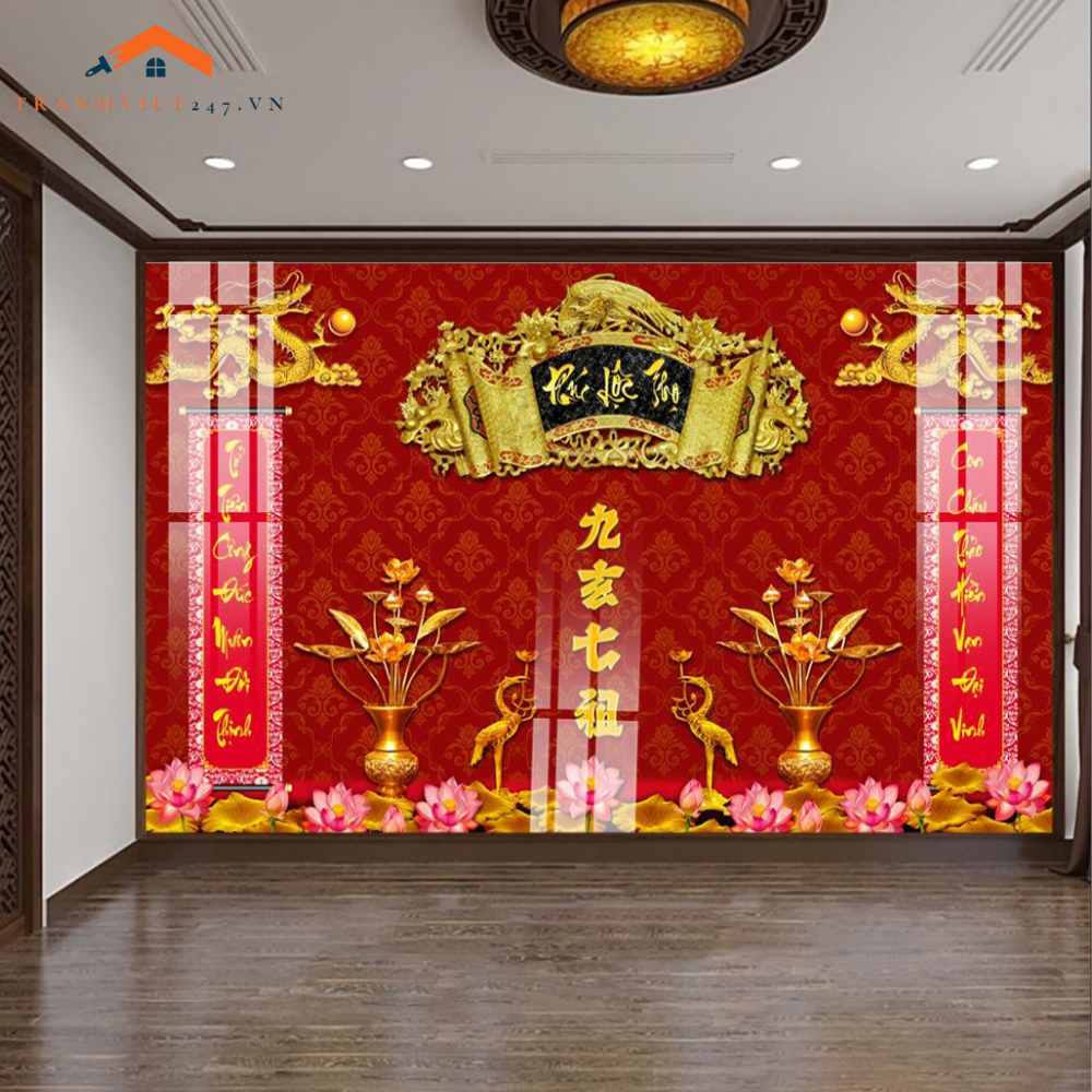 Tranh Tráng Gương 3D Phòng Thờ Gia Tiên Phúc Lộc Thọ - Tài Lộc, May Mắn, Sung Túc