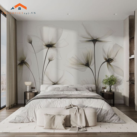 Tranh Dán Tường 3D Hoa Cánh Mỏng Màu Khói Trang Nhã