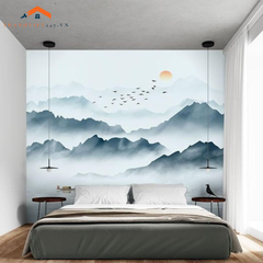 Tranh Dán Tường 3D Phong Cảnh Núi Non Sương Sớm Bình Minh