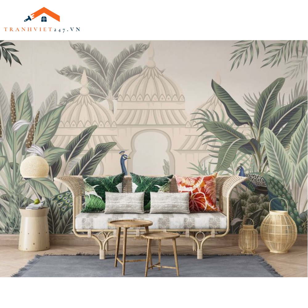 Tranh Dán Tường 3D Phong Cách Ấn Độ Và Chim Công - Trang Trí Nhà Cửa