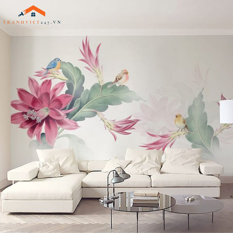 Tranh Dán Tường 3D Hoa Quỳnh Và Chim Nhỏ
