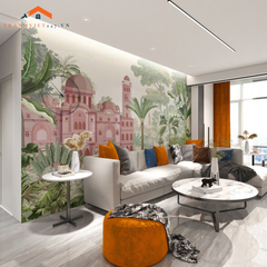 Tranh Dán Tường 3D Kiến Trúc Mughal Và Phong Cảnh Nhiệt Đới