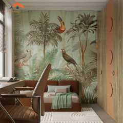 Tranh Dán Tường 3D Rừng Nhiệt Đới Xanh Tươi Và Chim Cảnh - Decor Phòng