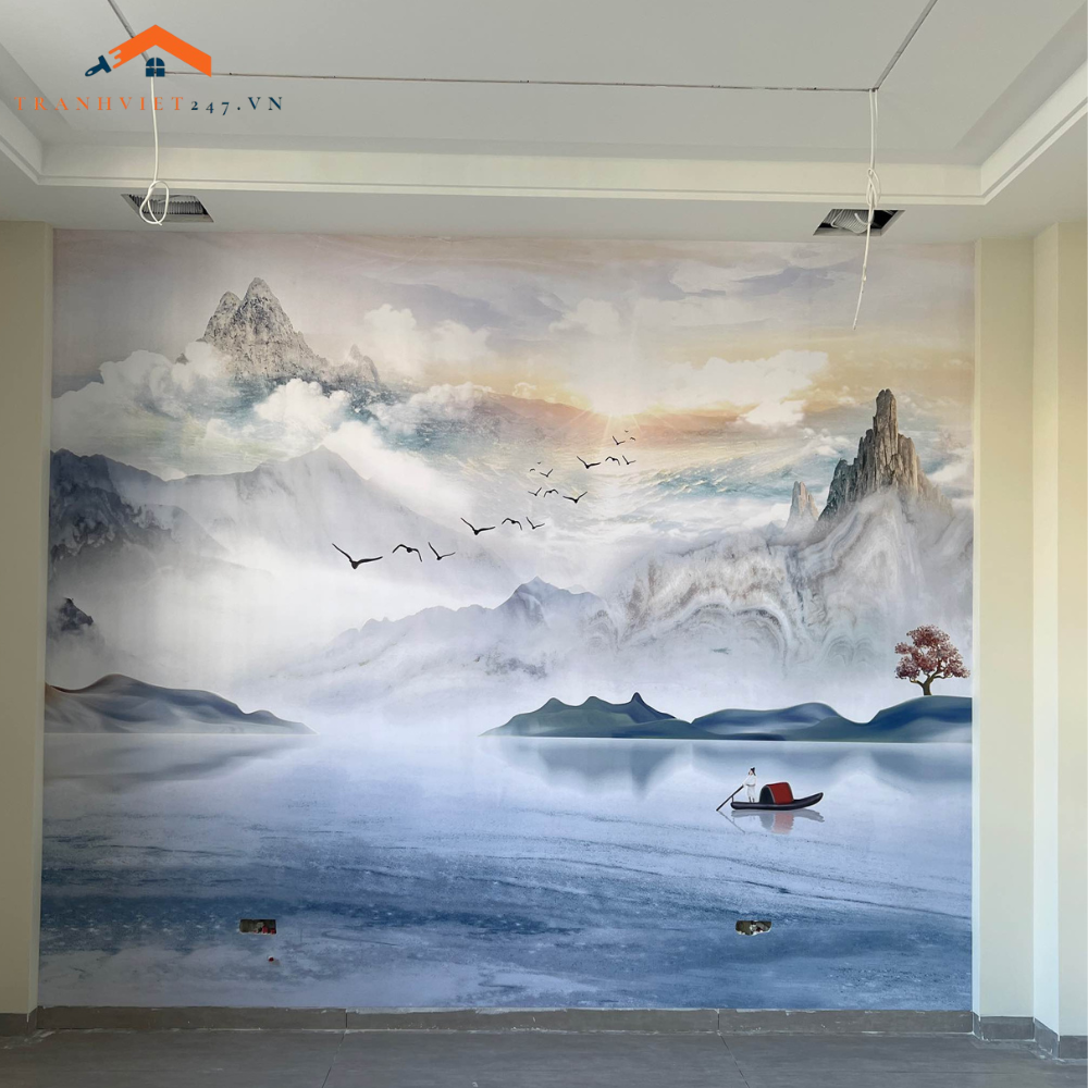 Tranh Dán Tường 3D Nghệ Thuật Phong Cảnh Núi Non Đơn Sắc Xanh