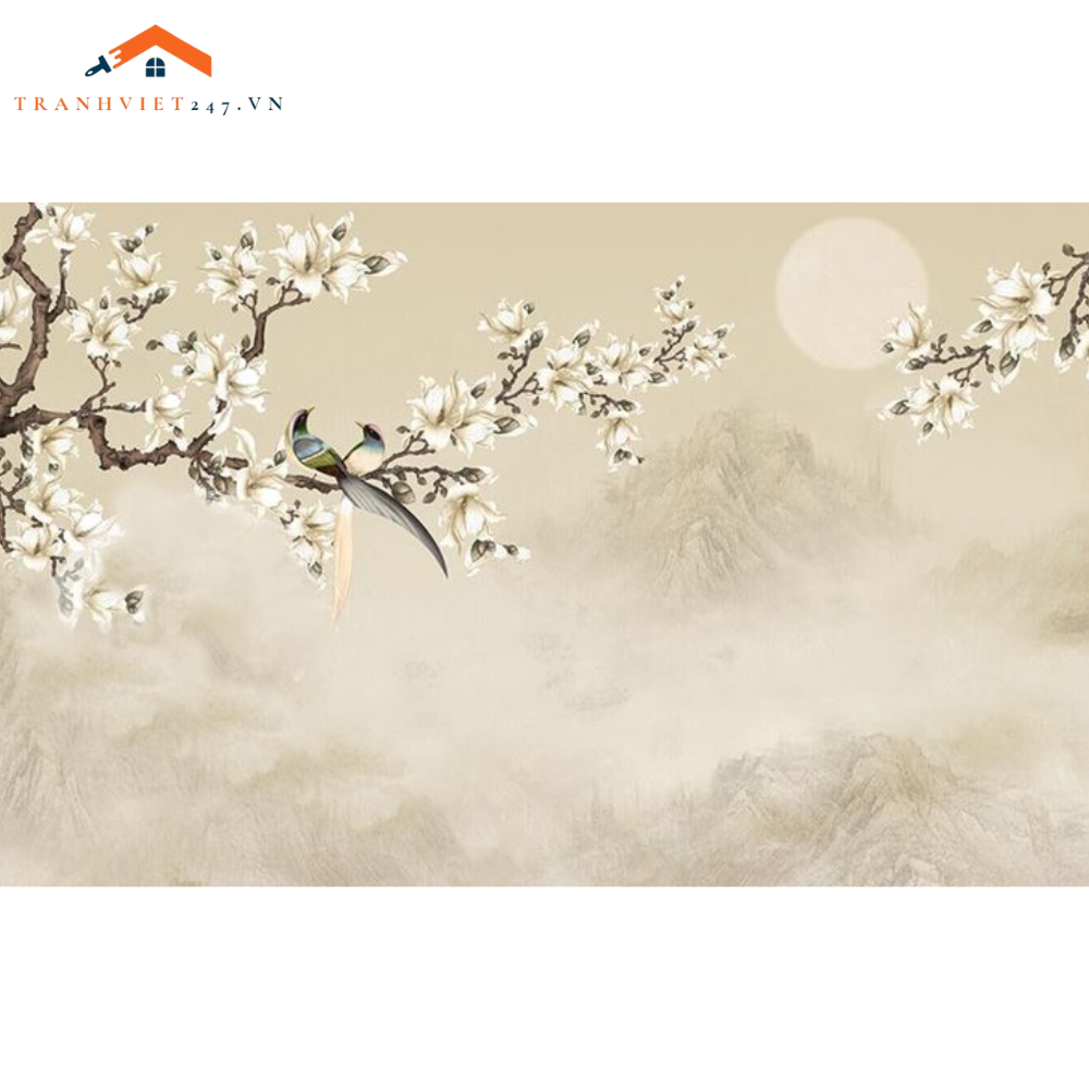 Tranh Dán Tường Khổ Lớn 5D  Chủ Đề Hoa Mai Trắng Và Chim - Tranh Dán Decor Nhà Cửa