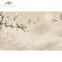 Tranh Dán Tường Khổ Lớn 5D  Chủ Đề Hoa Mai Trắng Và Chim - Tranh Dán Decor Nhà Cửa