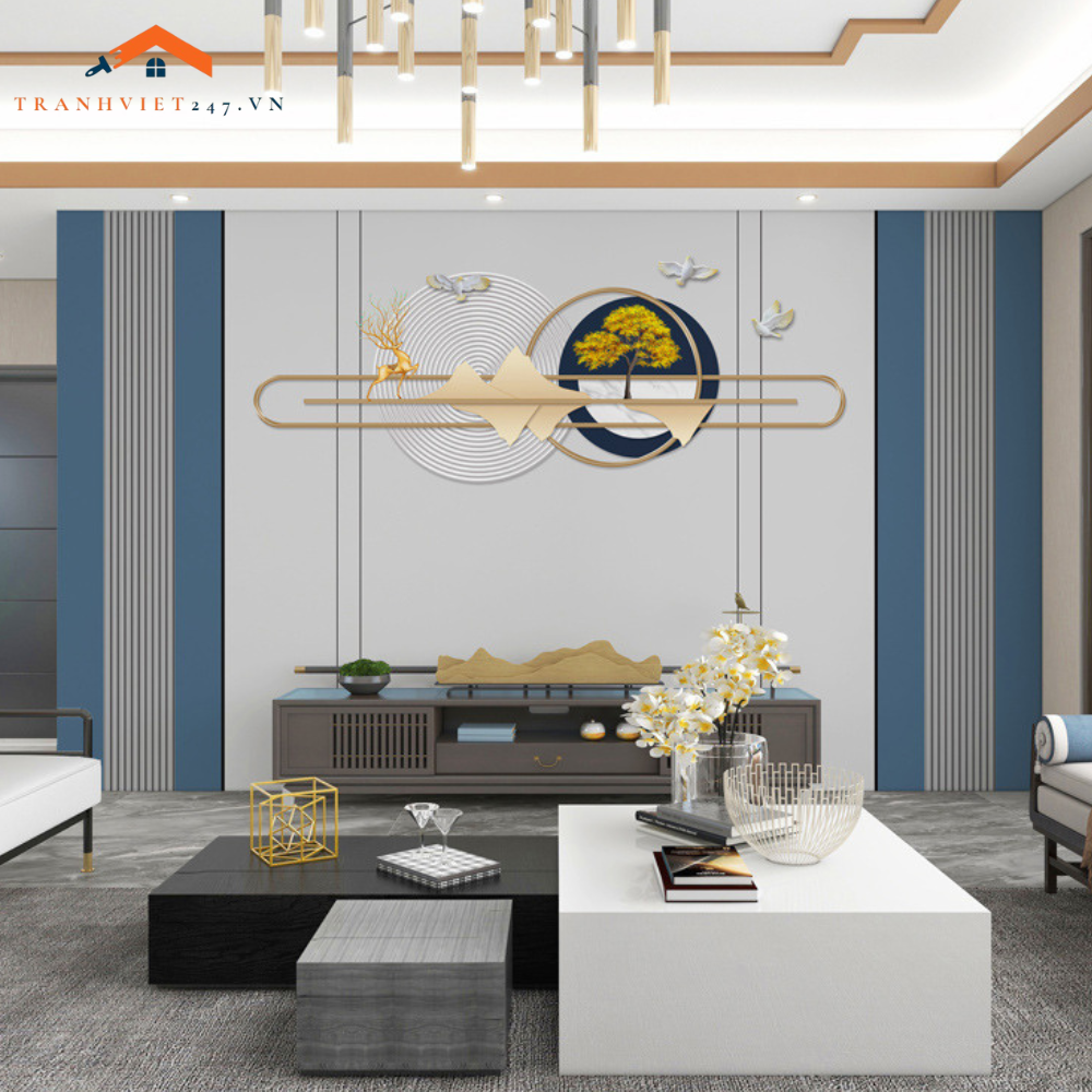 Tranh Dán Tường 3D Phong Cảnh Núi Non, Sông Nước Và Hươu Hiện Đại - Decor Phòng