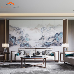 Tranh Dán Tường 3D Phong Cách Thủy Mặc Núi Non Hùng Vĩ
