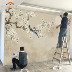 Tranh Dán Tường Khổ Lớn 5D Vẹt Xanh Trên Cành Hoa - Tranh Dán Decor Nhà Cửa