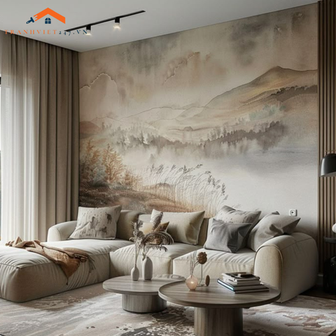 Tranh Dán Tường 3D Nghệ Thuật Phong Cảnh Núi Đồi Mờ Ảo