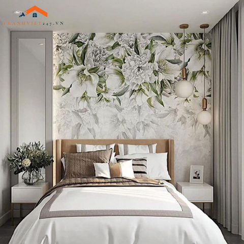 Tranh Dán Tường 3D Nghệ Thuật Hoa Trắng Đơn Sắc -Trang Trí Decor Nhà