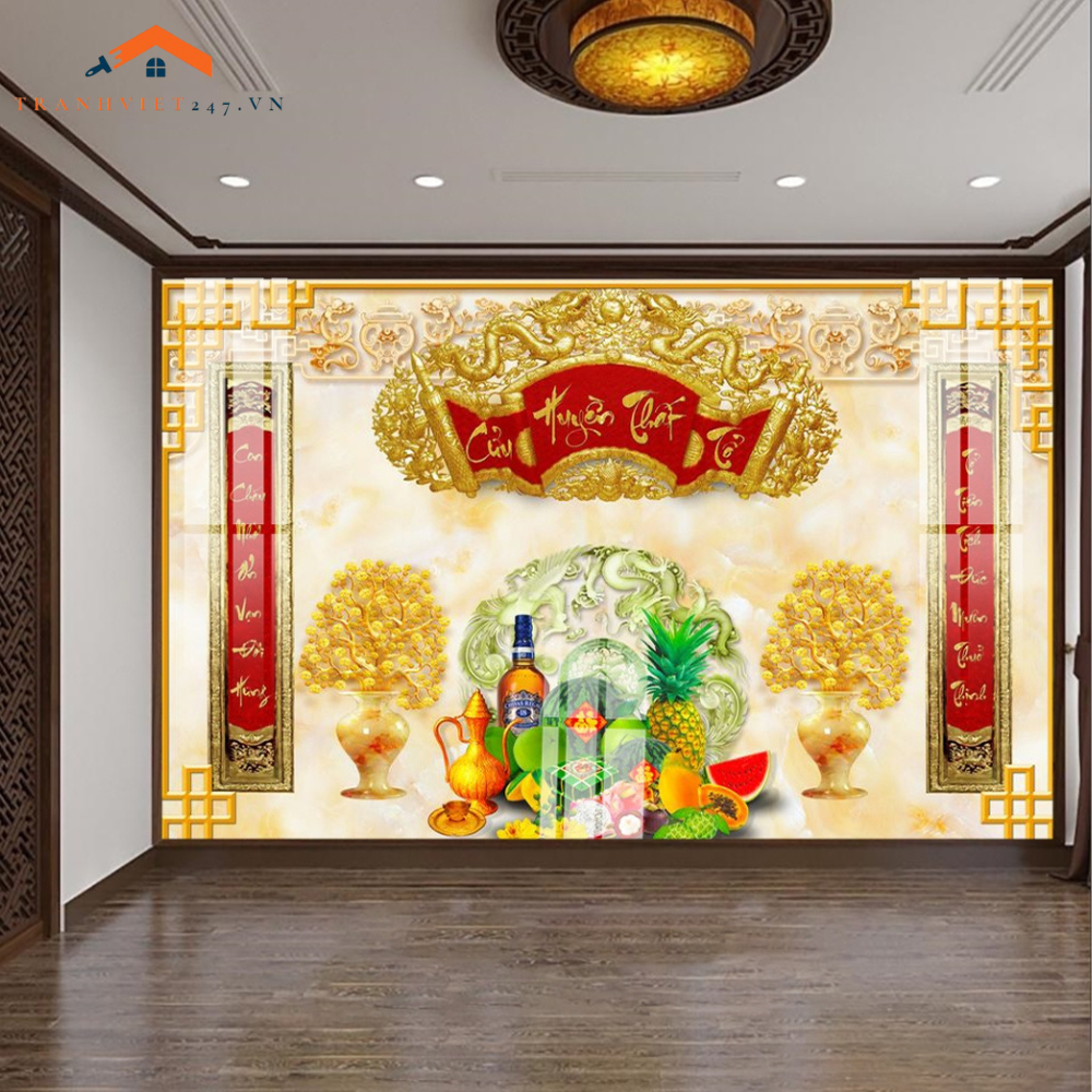 Tranh Tráng Gương 3D Phòng Thờ Gia Tiên Phúc Lộc Thọ - Tài Lộc, May Mắn, Sung Túc