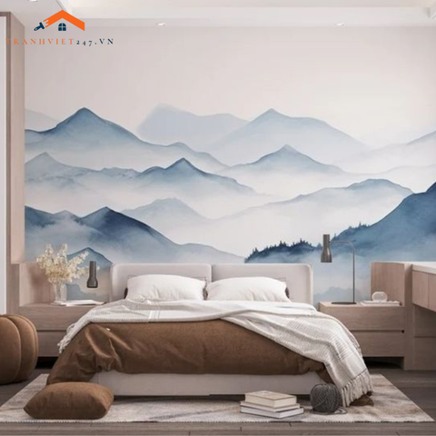 Tranh Dán Tường 3D Nghệ Thuật Phong Cảnh Núi Non Đơn Sắc Xanh