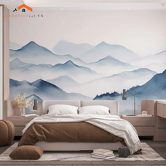 Tranh Dán Tường 3D Nghệ Thuật Phong Cảnh Núi Non Đơn Sắc Xanh