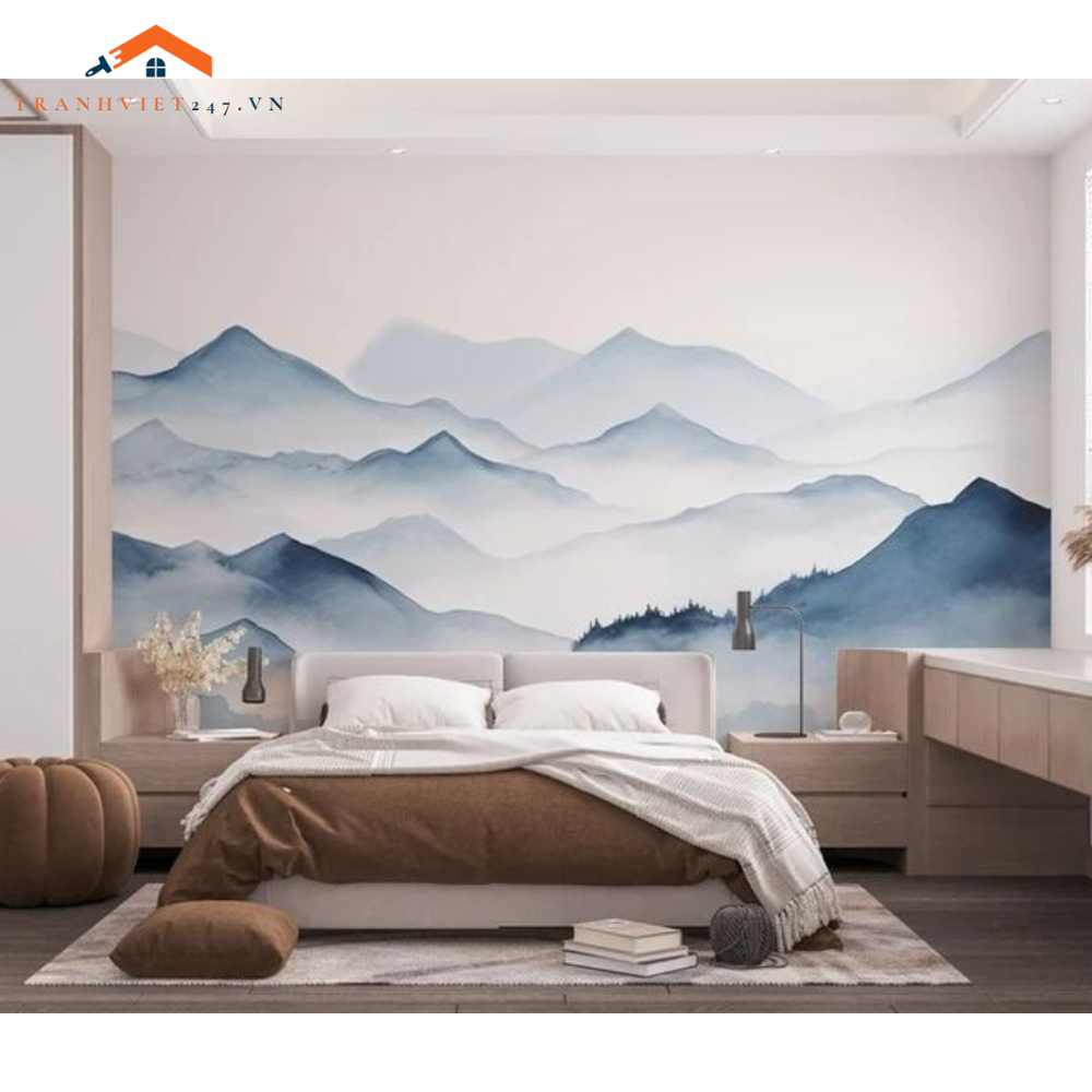 Tranh Dán Tường 3D Nghệ Thuật Phong Cảnh Núi Non Đơn Sắc Xanh