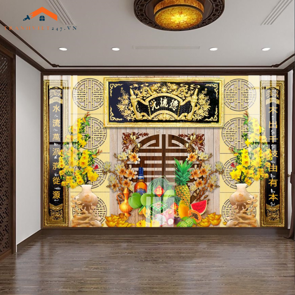 Tranh Tráng Gương 3D Phòng Thờ Gia Tiên Phúc Lộc Thọ - Tài Lộc, May Mắn, Sung Túc