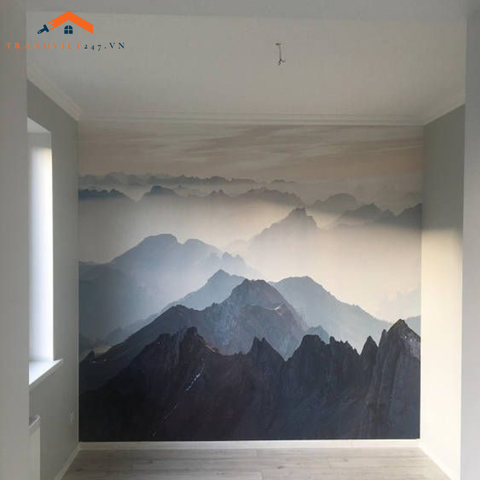 Tranh Dán Tường 3D Nghệ Thuật Phong Cảnh Núi Non Mờ Ảo
