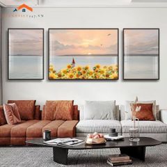 Tranh Treo Tường Phong Cảnh Biển Và Khinh Khí Cầu - Bộ 3 Tấm Phong Cách Lãng Mạn Hiện Đại