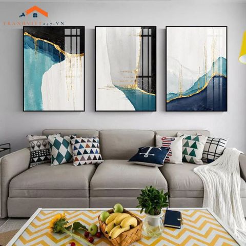Bộ 3 Tranh Treo Tường Phòng Khách Hiện Đại Trừu Tượng Xanh Vàng - Điểm Nhấn Nội Thất Sang Trọng
