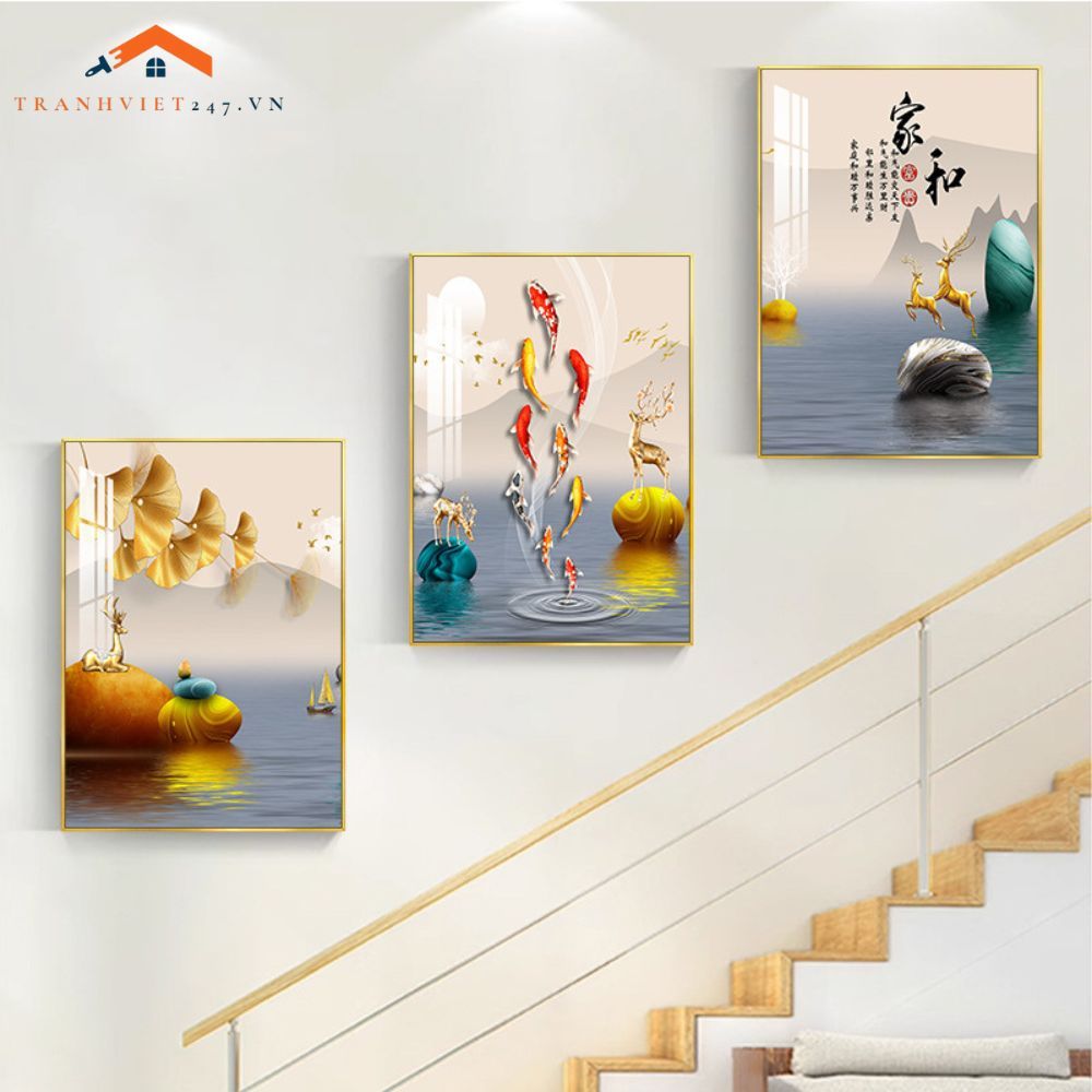 Bộ Tranh Treo Tường Cầu Thang Hiện Đại Cây Vàng Hươu và Phụ Nữ Sang Trọng