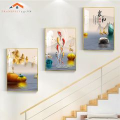 Bộ Tranh Treo Tường Cầu Thang Hiện Đại Cây Vàng Hươu và Phụ Nữ Sang Trọng