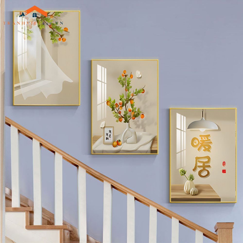 Bộ Tranh Treo Tường Cầu Thang Hiện Đại Cây Vàng Hươu và Phụ Nữ Sang Trọng