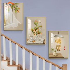 Bộ Tranh Treo Tường Cầu Thang Hiện Đại Cây Vàng Hươu và Phụ Nữ Sang Trọng