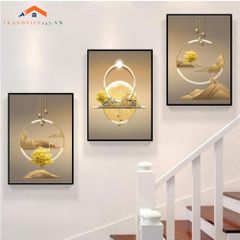 Bộ Tranh Treo Tường Cầu Thang Hiện Đại Cây Vàng Hươu và Phụ Nữ Sang Trọng