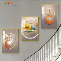 Bộ Tranh Treo Tường Cầu Thang Hiện Đại Cây Vàng Hươu và Phụ Nữ Sang Trọng