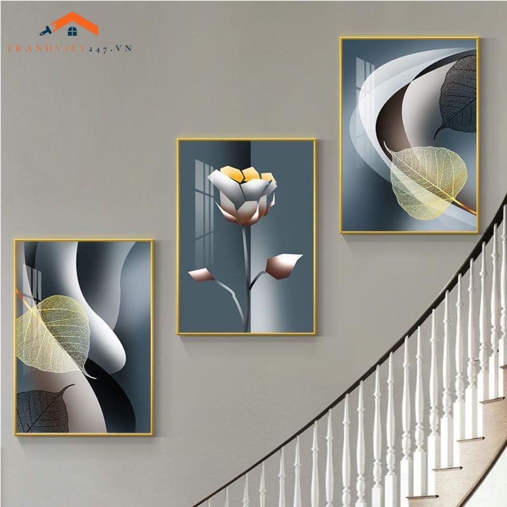 Bộ Tranh Treo Tường Cầu Thang Hiện Đại Cây Vàng Hươu và Phụ Nữ Sang Trọng