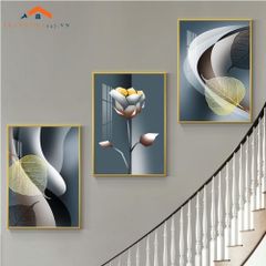 Bộ Tranh Treo Tường Cầu Thang Hiện Đại Cây Vàng Hươu và Phụ Nữ Sang Trọng