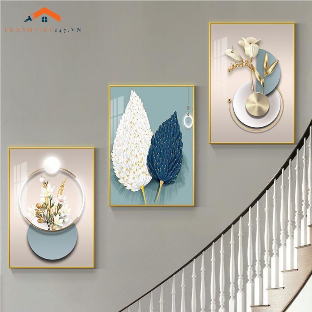 Bộ Tranh Treo Tường Cầu Thang Hiện Đại Cây Vàng Hươu và Phụ Nữ Sang Trọng