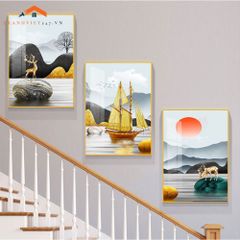 Bộ Tranh Treo Tường Cầu Thang Hiện Đại Cây Vàng Hươu và Phụ Nữ Sang Trọng