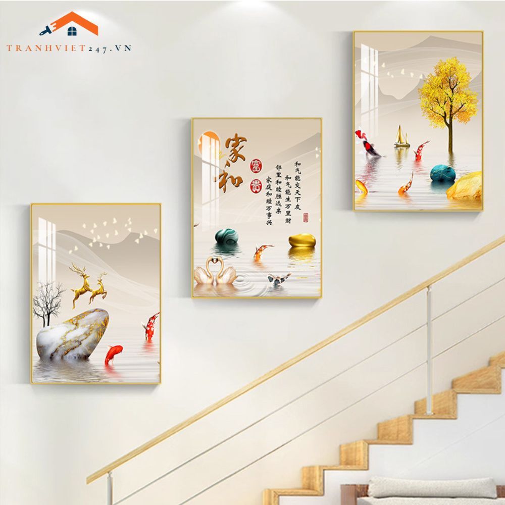 Bộ Tranh Treo Tường Cầu Thang Hiện Đại Cây Vàng Hươu và Phụ Nữ Sang Trọng