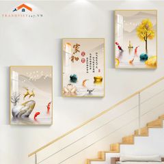 Bộ Tranh Treo Tường Cầu Thang Hiện Đại Cây Vàng Hươu và Phụ Nữ Sang Trọng