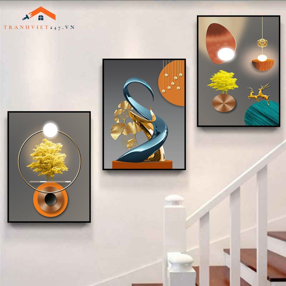 Bộ Tranh Treo Tường Cầu Thang Hiện Đại Cây Vàng Hươu và Phụ Nữ Sang Trọng