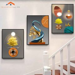 Bộ Tranh Treo Tường Cầu Thang Hiện Đại Cây Vàng Hươu và Phụ Nữ Sang Trọng