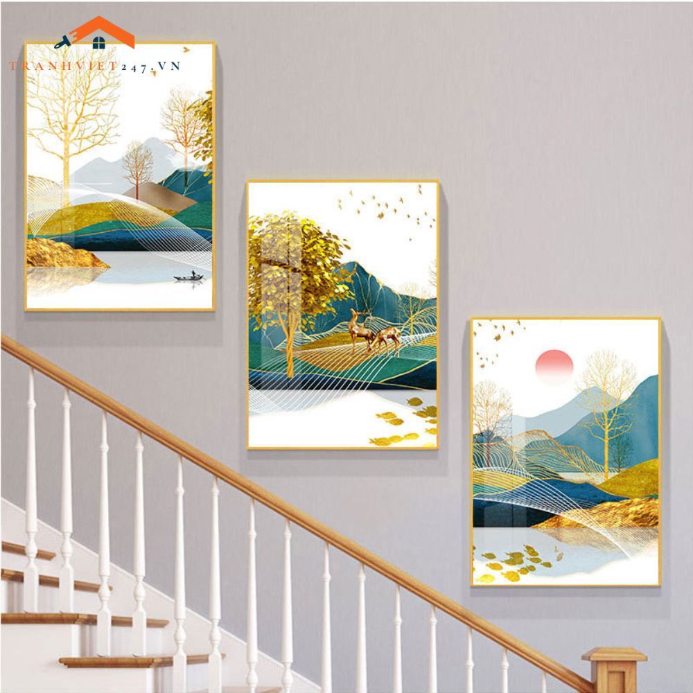 Bộ Tranh Treo Tường Cầu Thang Hiện Đại Cây Vàng Hươu và Phụ Nữ Sang Trọng