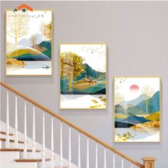 Bộ Tranh Treo Tường Cầu Thang Hiện Đại Cây Vàng Hươu và Phụ Nữ Sang Trọng