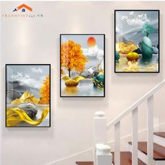 Bộ Tranh Treo Tường Cầu Thang Hiện Đại Cây Vàng Hươu và Phụ Nữ Sang Trọng