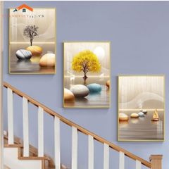 Bộ Tranh Treo Tường Cầu Thang Hiện Đại Cây Vàng Hươu và Phụ Nữ Sang Trọng